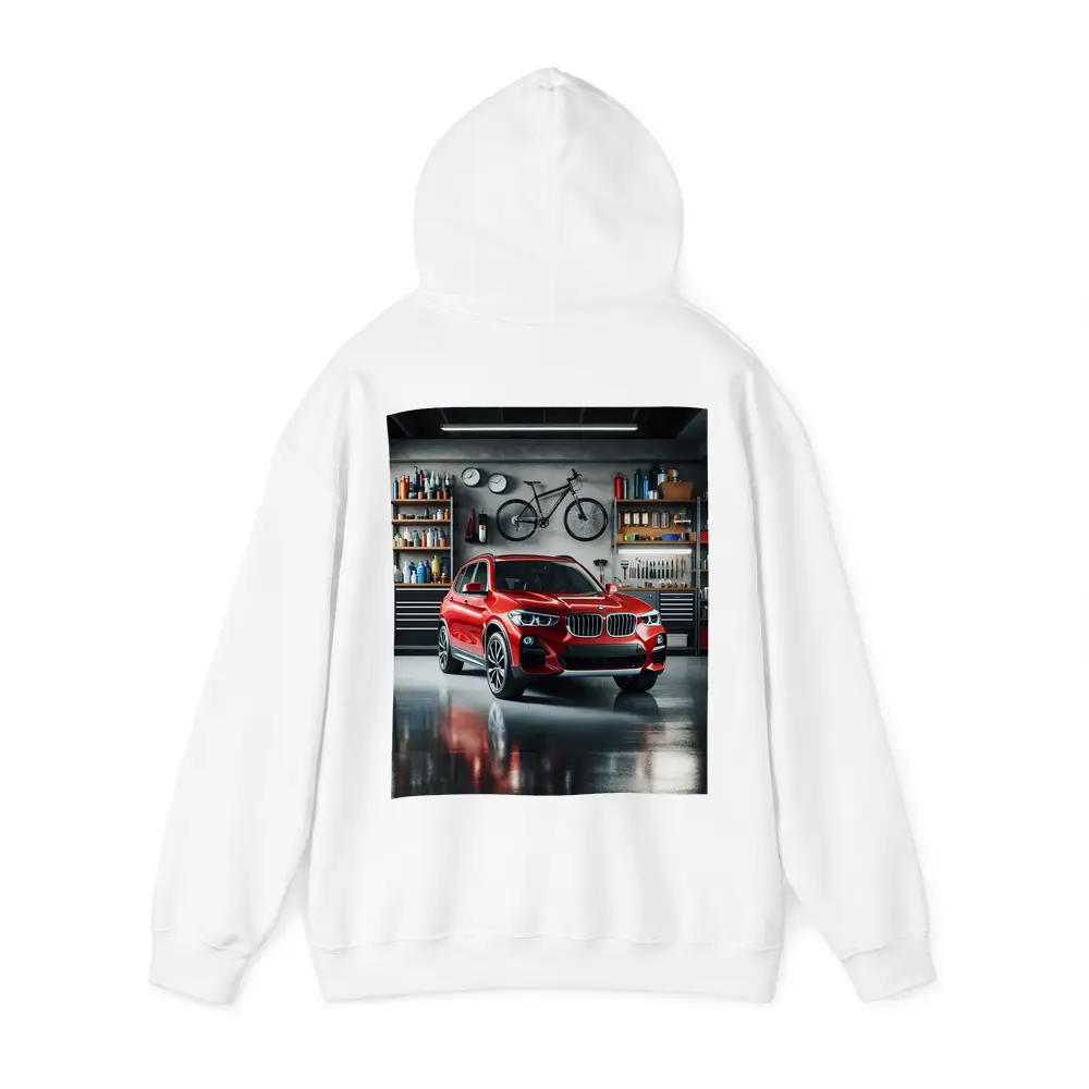Red BMW X3 SUV Parked In Garage – Hoodies
