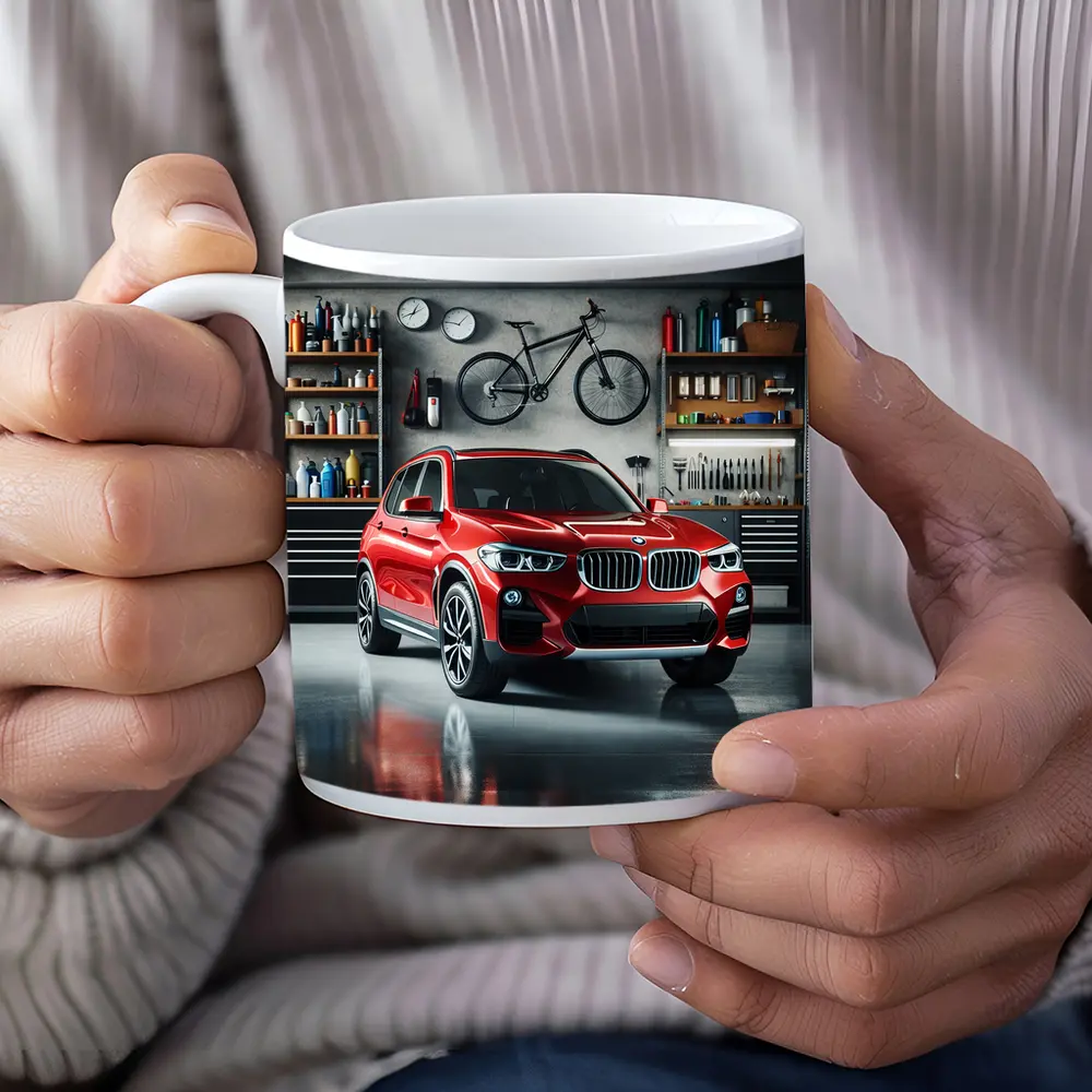 Red BMW X3 SUV Parked In Garage – Mugs