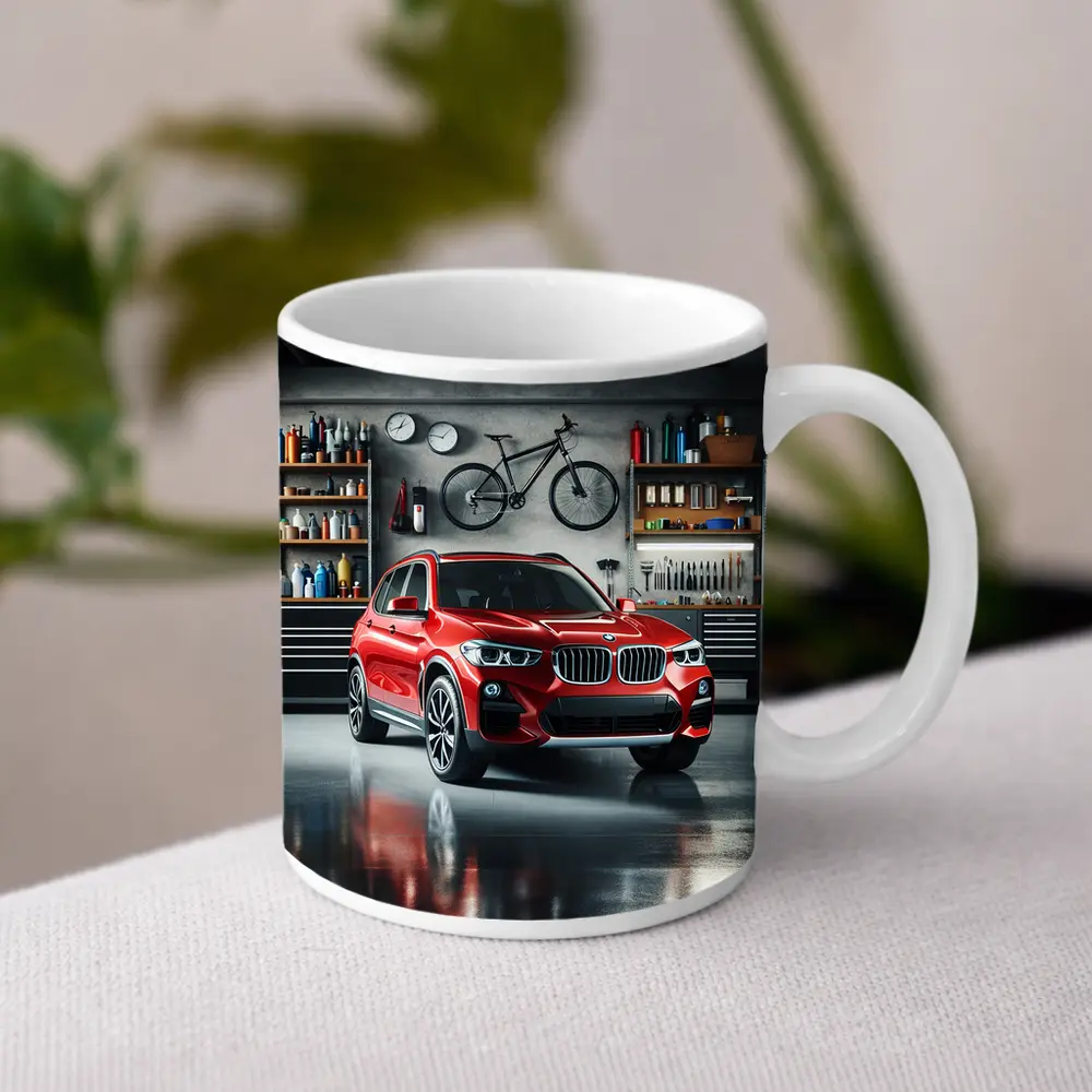 Red BMW X3 SUV Parked In Garage – Mugs