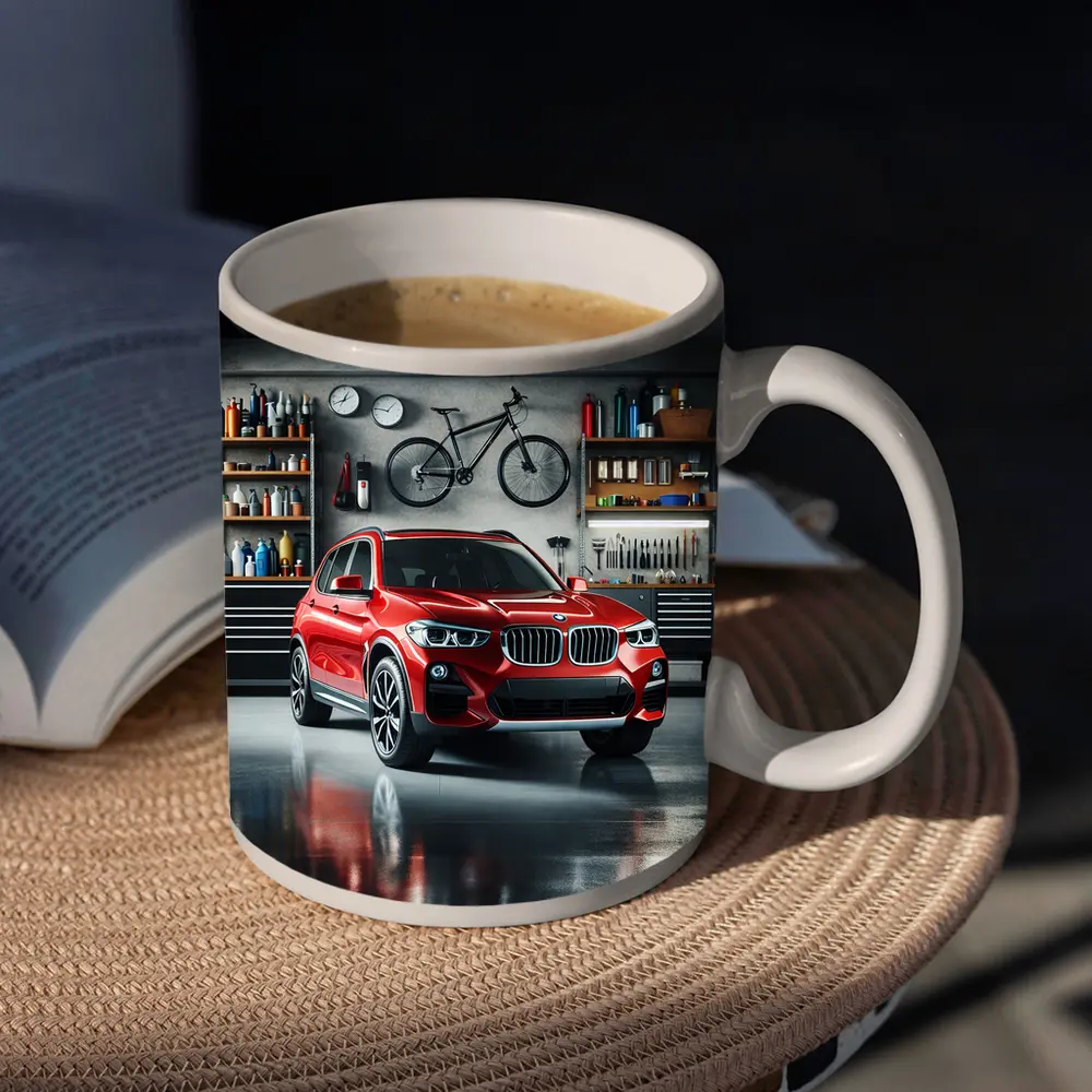 Red BMW X3 SUV Parked In Garage – Mugs
