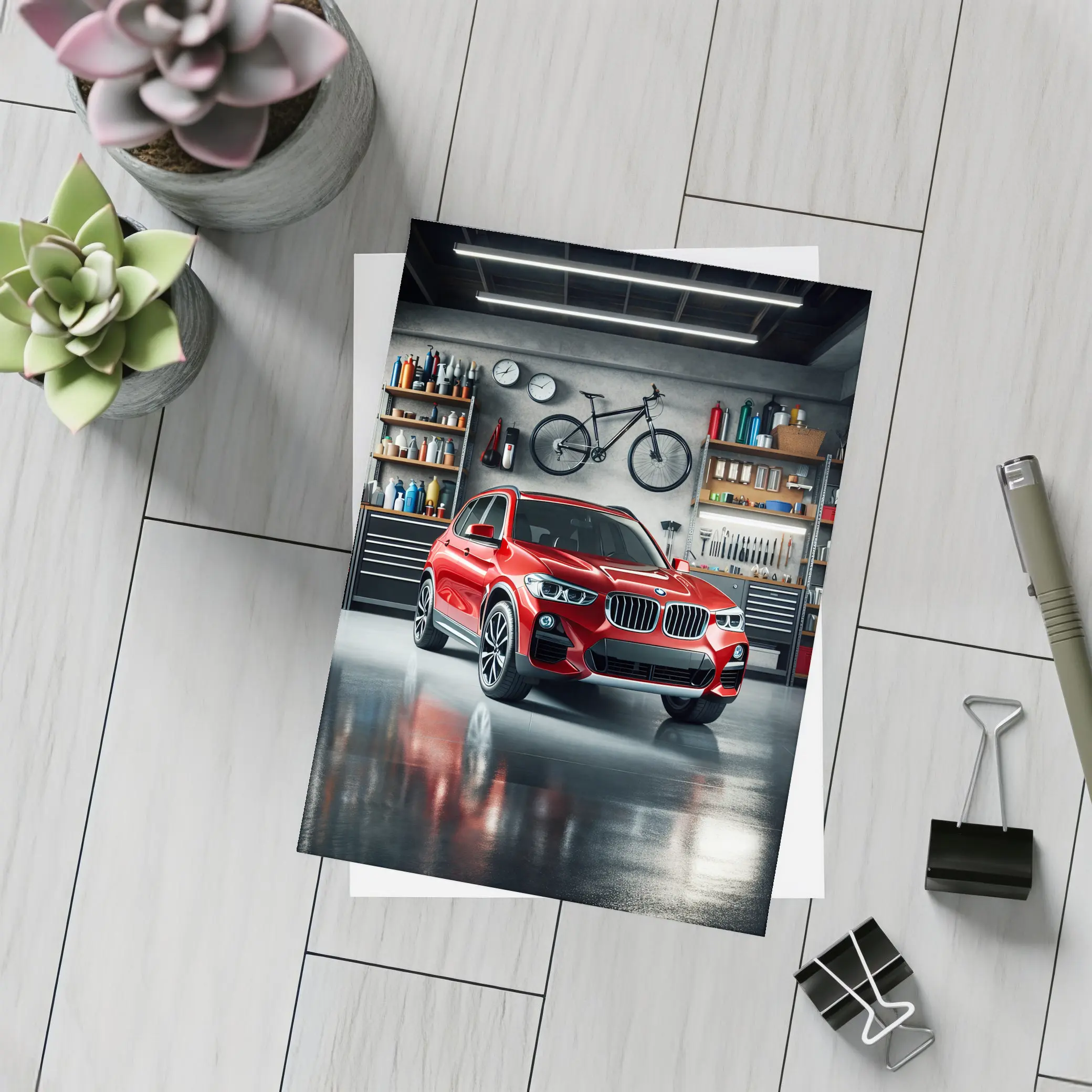 Red BMW X3 SUV Parked In Garage – Postcards