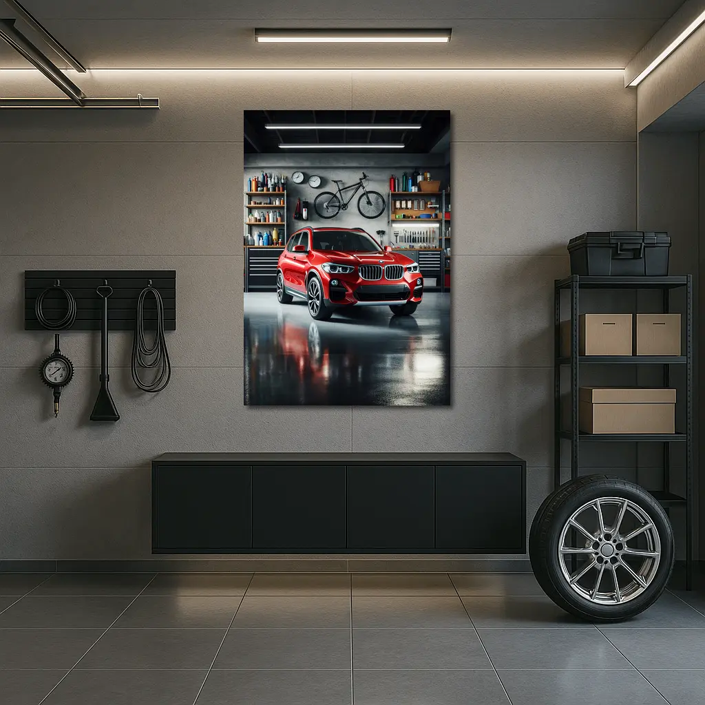 Red BMW X3 SUV Parked In Garage – Wall Art