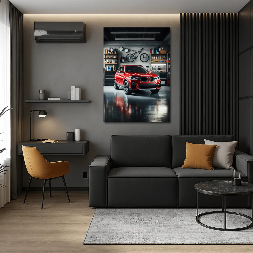 Red BMW X3 SUV Parked In Garage – Wall Art