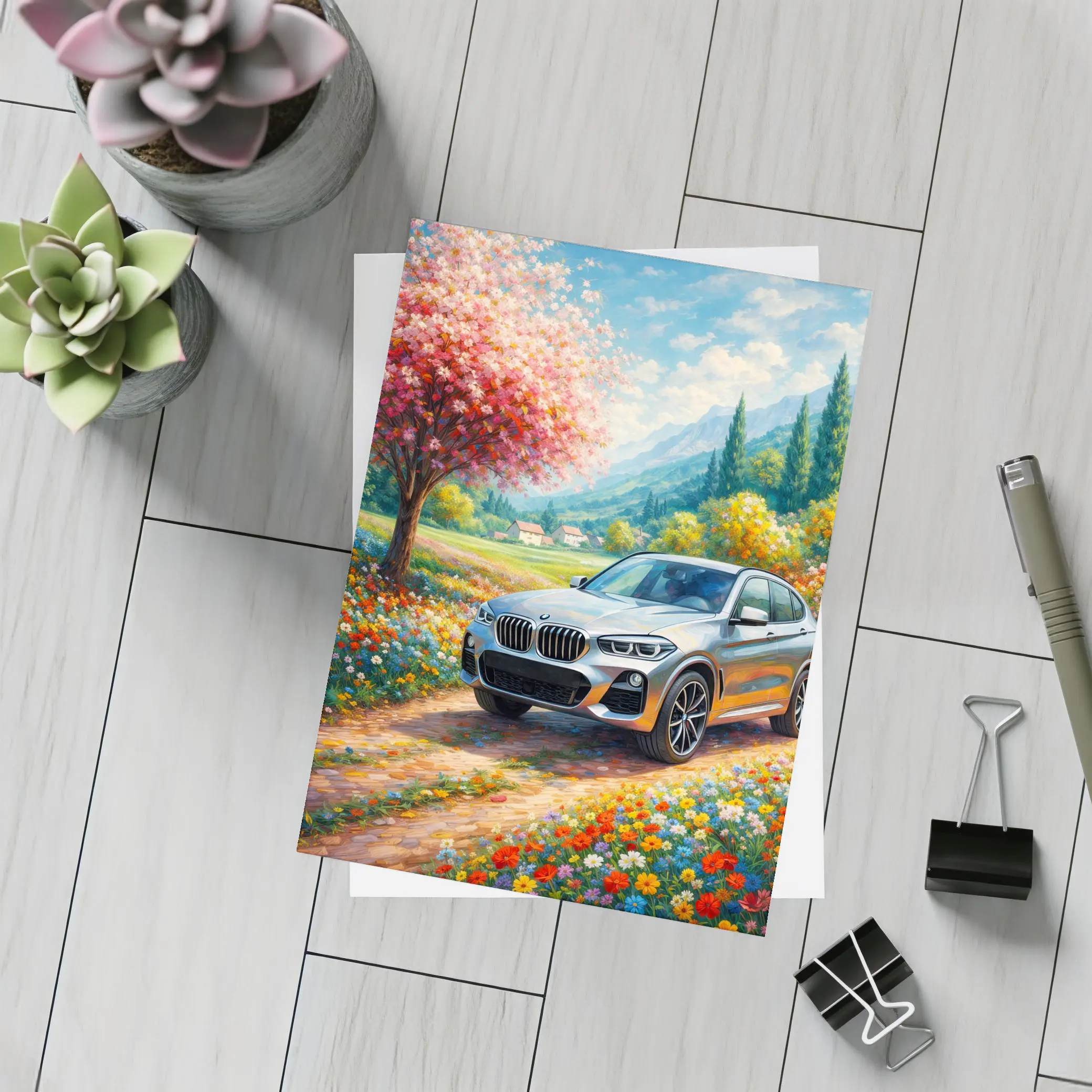 BMW X4 Silver SUV Spring Floral Landscape – Postcards