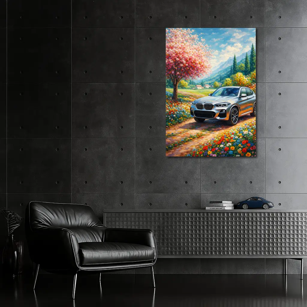 BMW X4 Silver SUV Spring Floral Landscape – Wall Art