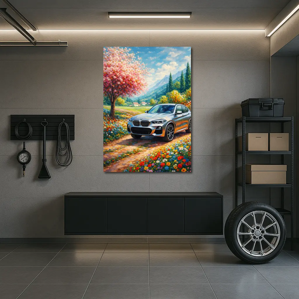 BMW X4 Silver SUV Spring Floral Landscape – Wall Art