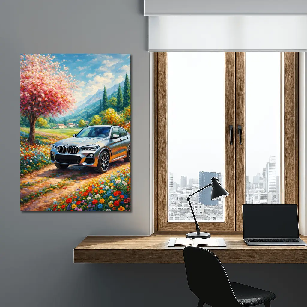 BMW X4 Silver SUV Spring Floral Landscape – Wall Art