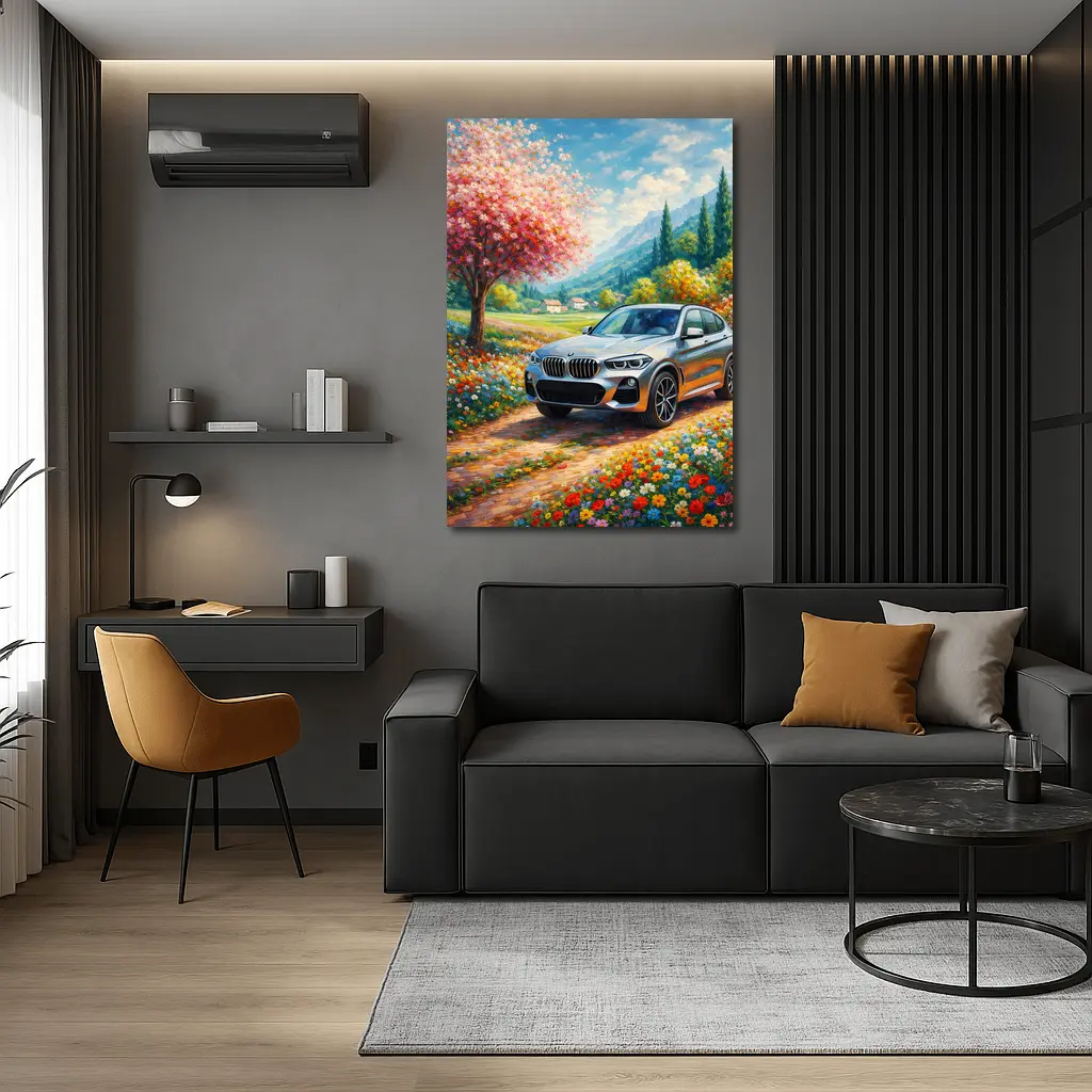 BMW X4 Silver SUV Spring Floral Landscape – Wall Art