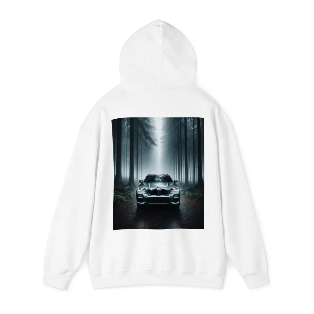 BMW X3 Parked on Misty Forest Road – Hoodies