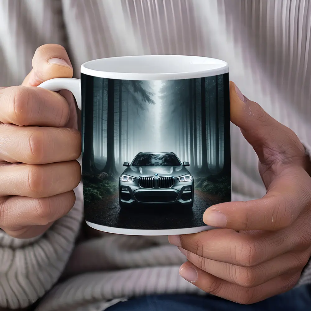 BMW X3 Parked on Misty Forest Road – Mugs