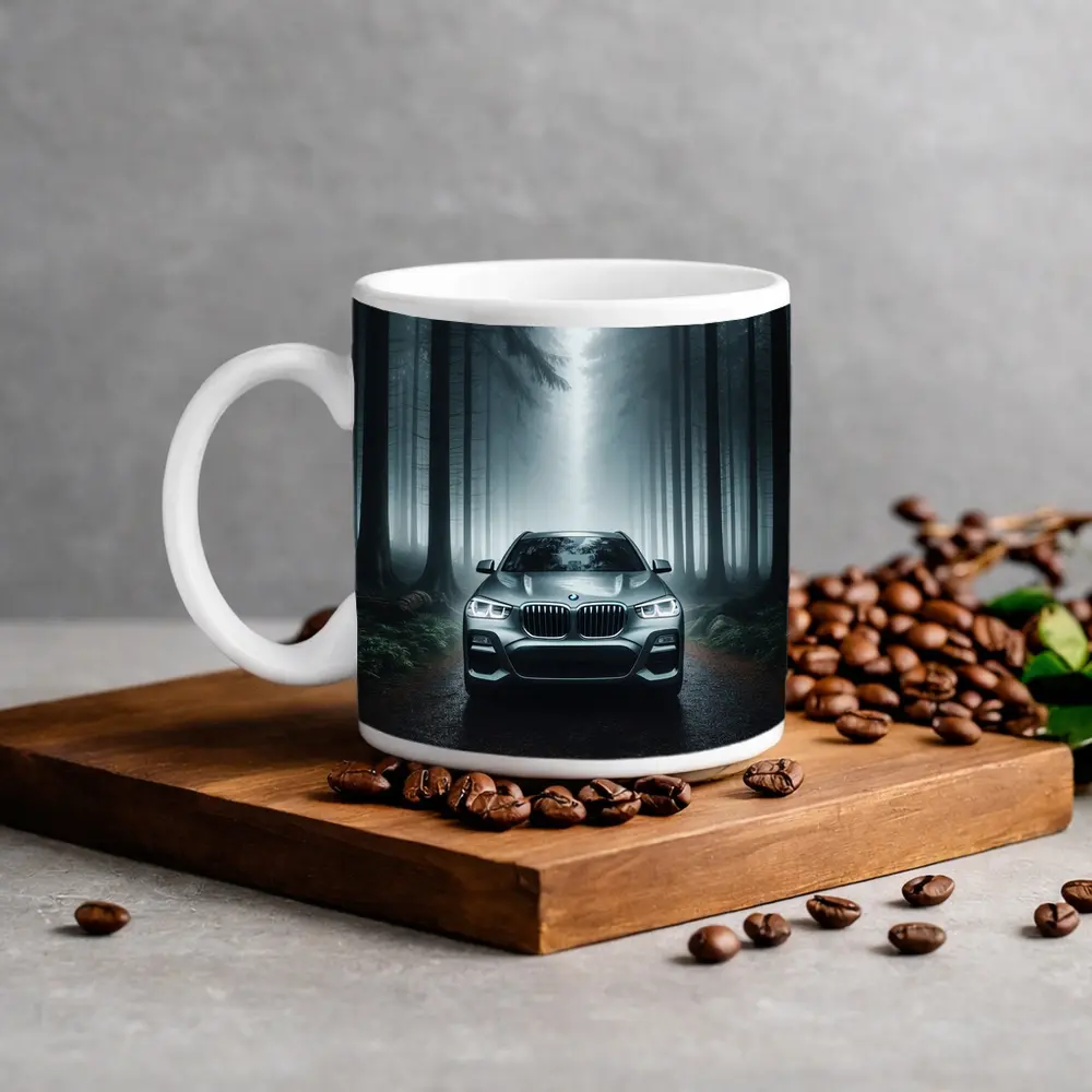 BMW X3 Parked on Misty Forest Road – Mugs