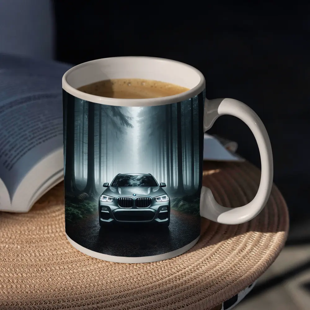 BMW X3 Parked on Misty Forest Road – Mugs
