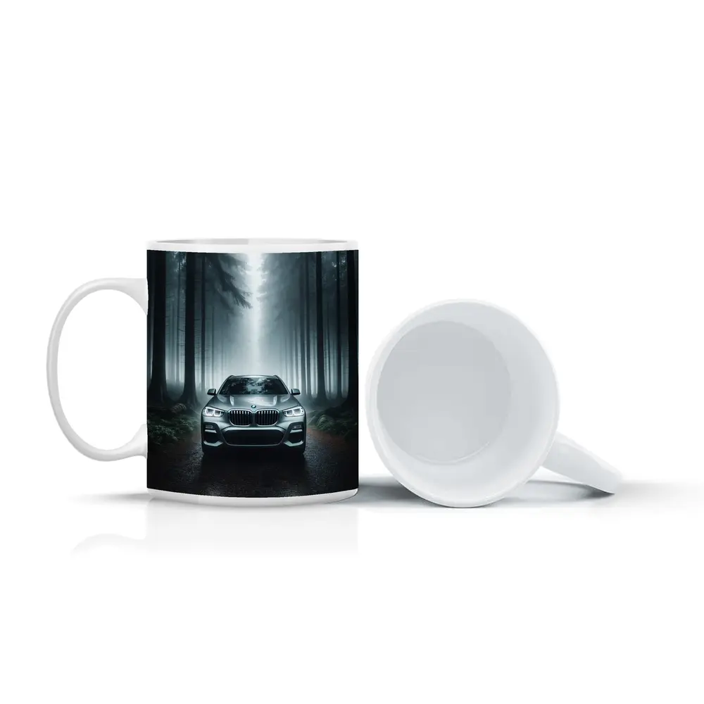 BMW X3 Parked on Misty Forest Road – Mugs