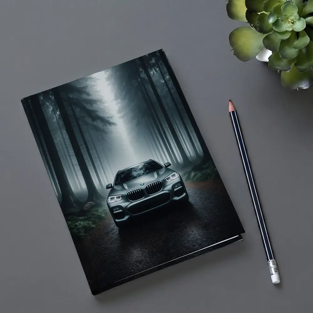BMW X3 Parked on Misty Forest Road – Notebooks