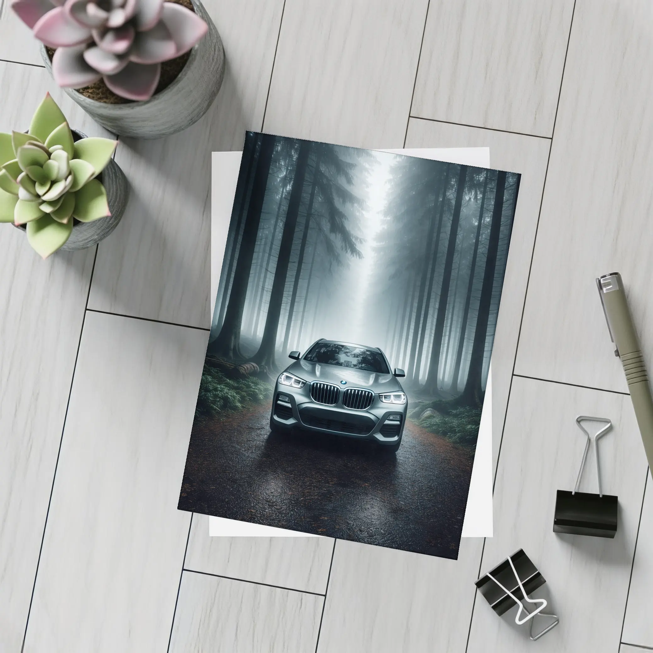 BMW X3 Parked on Misty Forest Road – Postcards