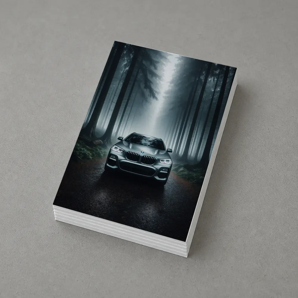 BMW X3 Parked on Misty Forest Road – Postcards