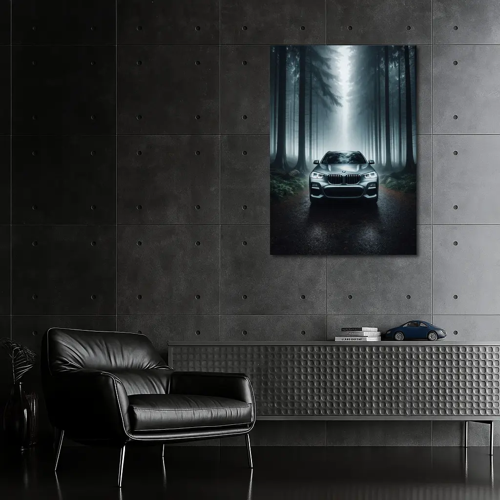 BMW X3 Parked on Misty Forest Road – Wall Art