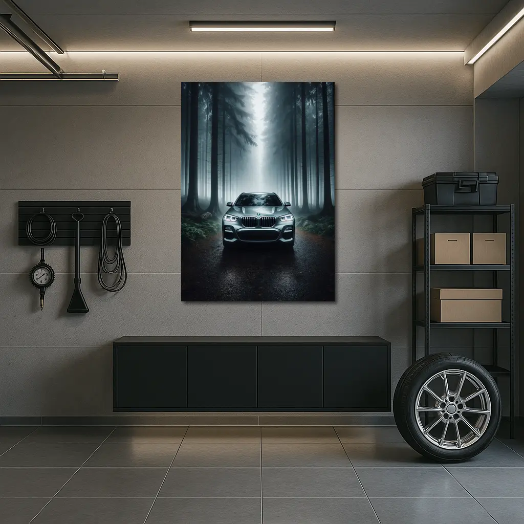 BMW X3 Parked on Misty Forest Road – Wall Art