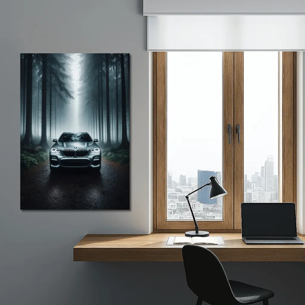 BMW X3 Parked on Misty Forest Road – Wall Art