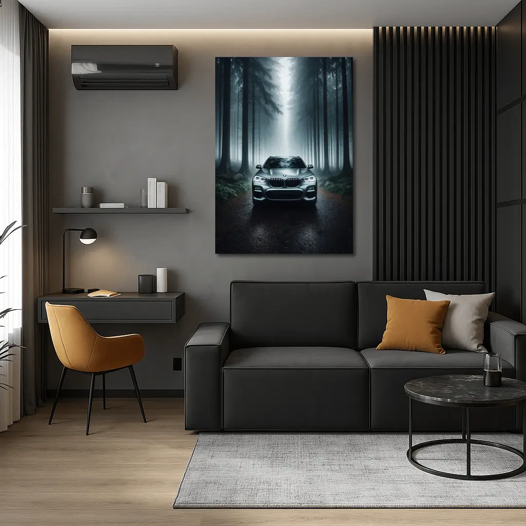 BMW X3 Parked on Misty Forest Road – Wall Art