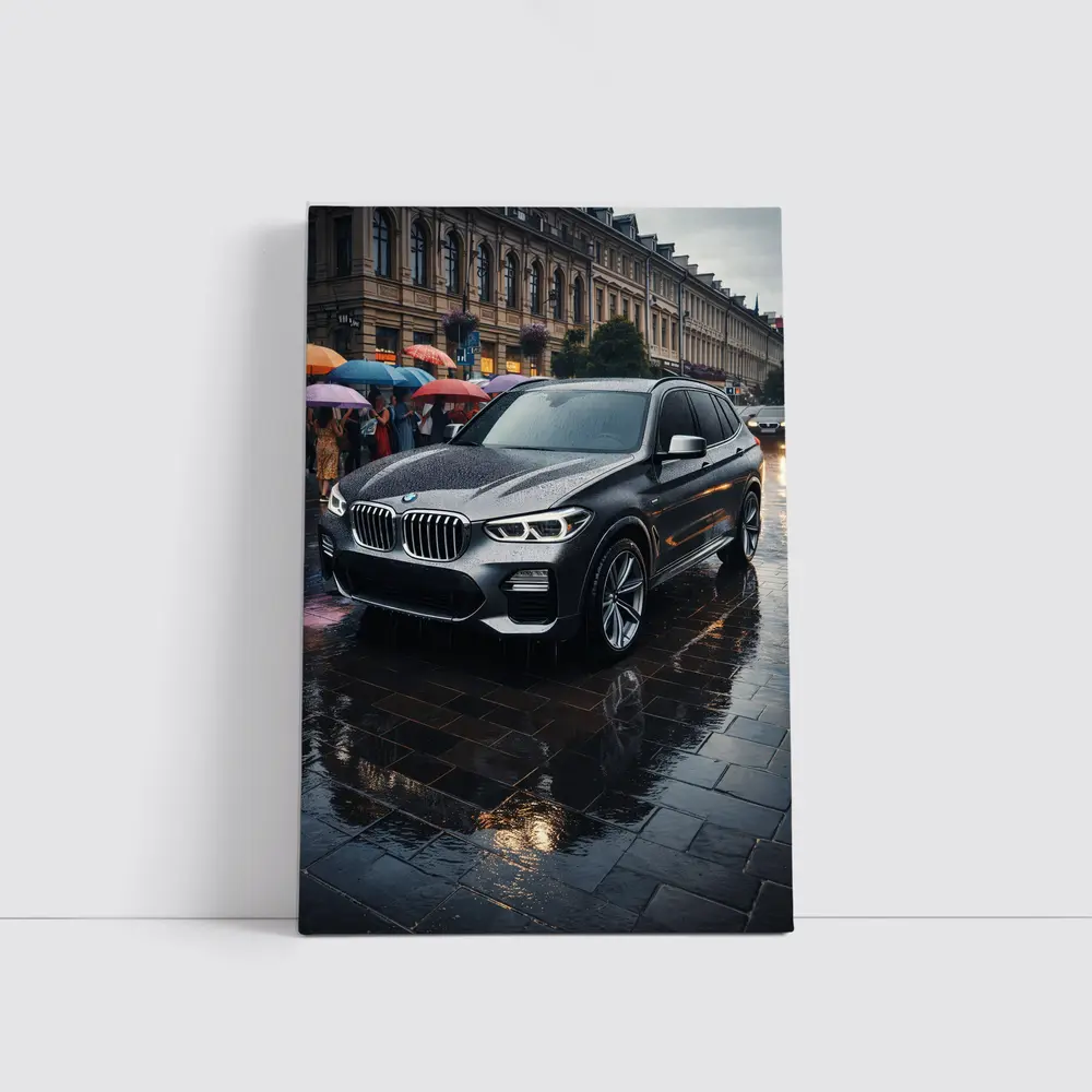 BMW X3 Parked on Rainy City Street – Wall Art