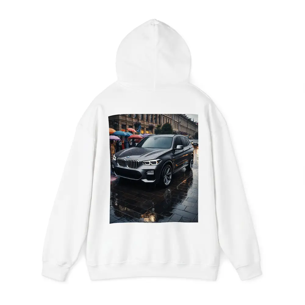 BMW X3 Parked on Rainy City Street – Hoodies