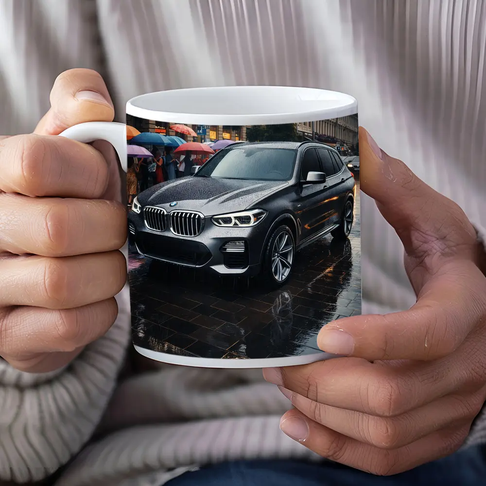 BMW X3 Parked on Rainy City Street – Mugs