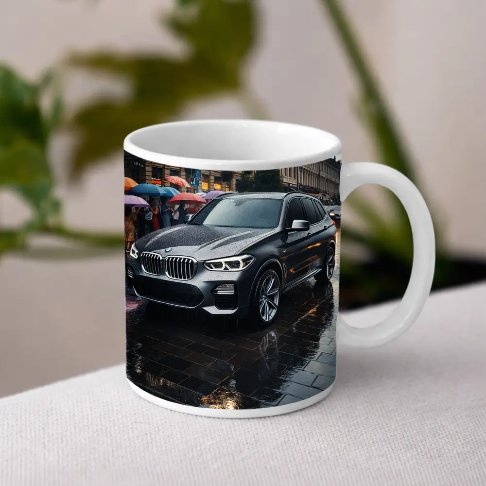 BMW X3 Parked on Rainy City Street – Mugs