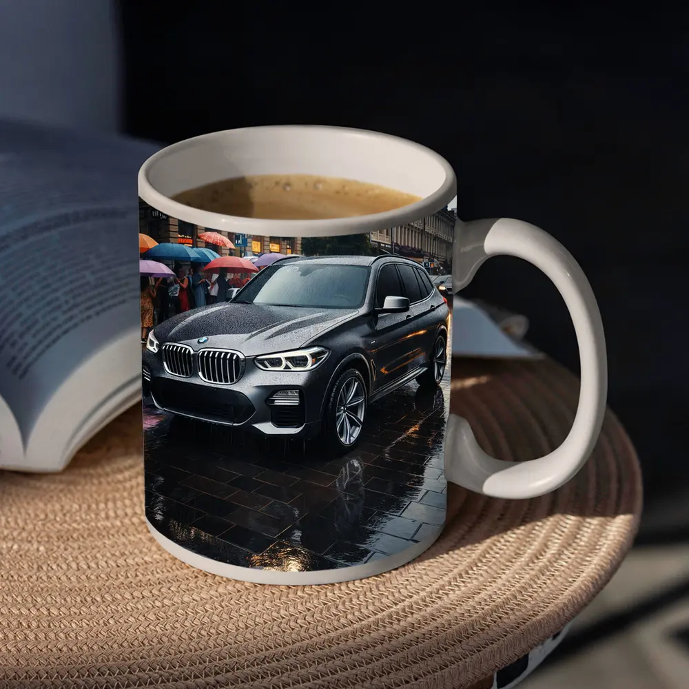 BMW X3 Parked on Rainy City Street – Mugs
