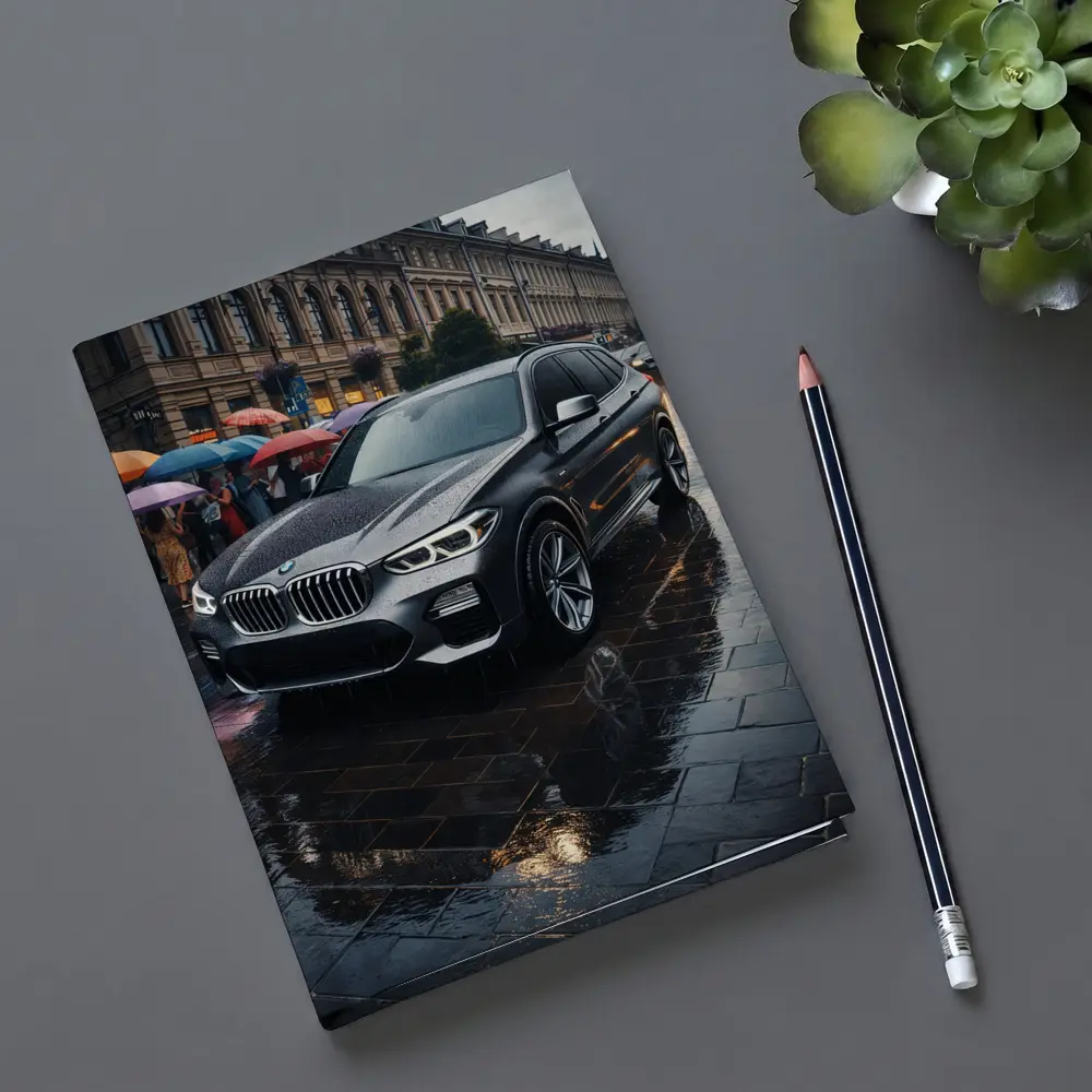 BMW X3 Parked on Rainy City Street – Notebooks