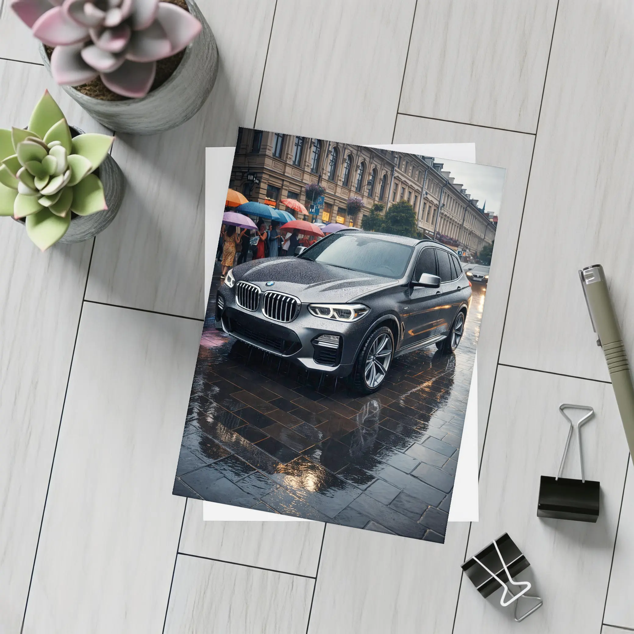 BMW X3 Parked on Rainy City Street – Postcards