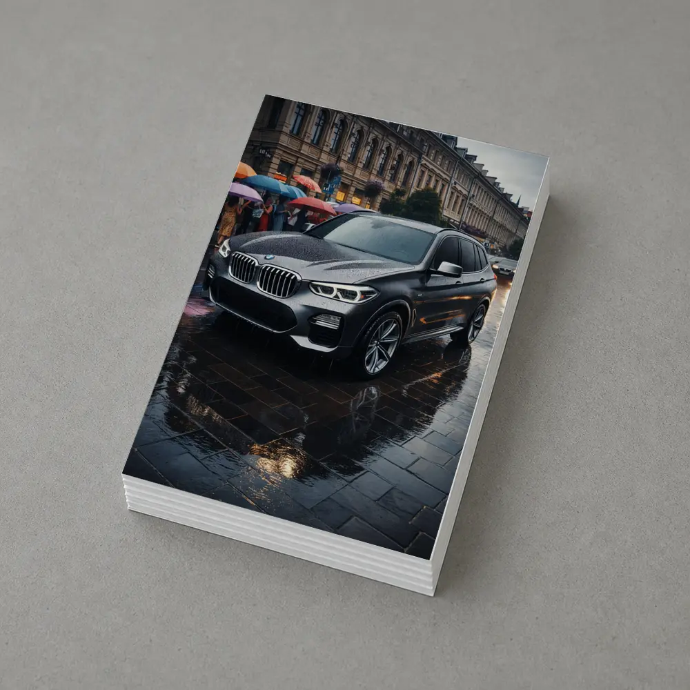 BMW X3 Parked on Rainy City Street – Postcards