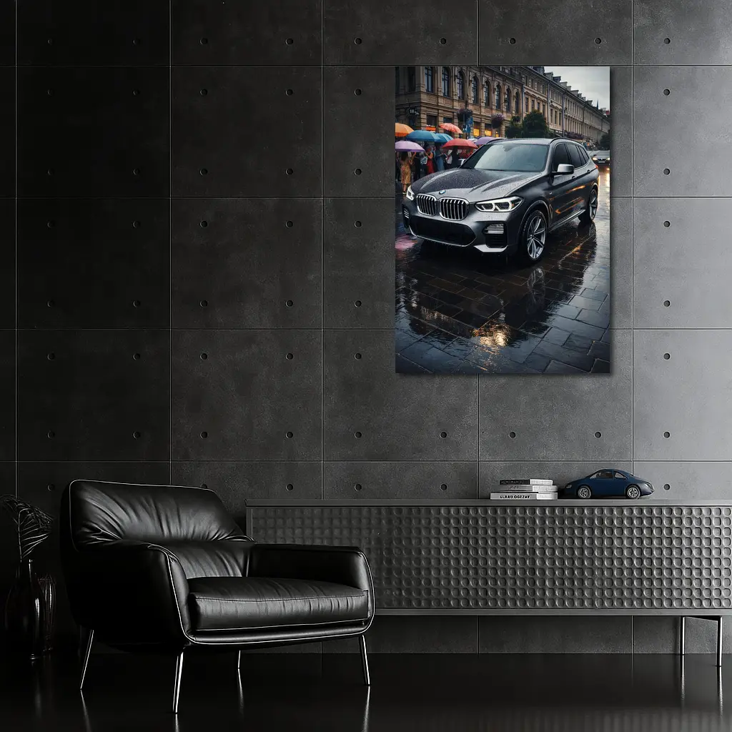 BMW X3 Parked on Rainy City Street – Wall Art