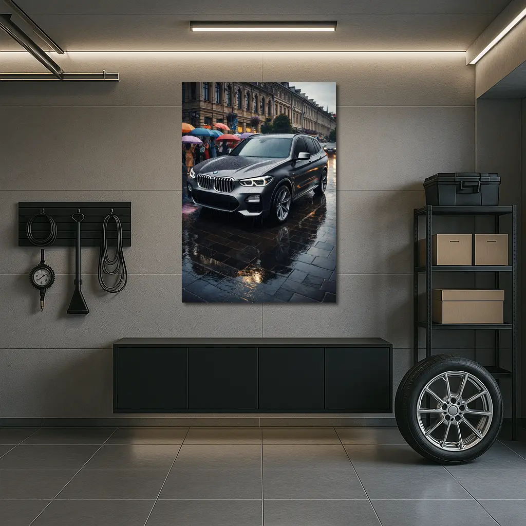 BMW X3 Parked on Rainy City Street – Wall Art