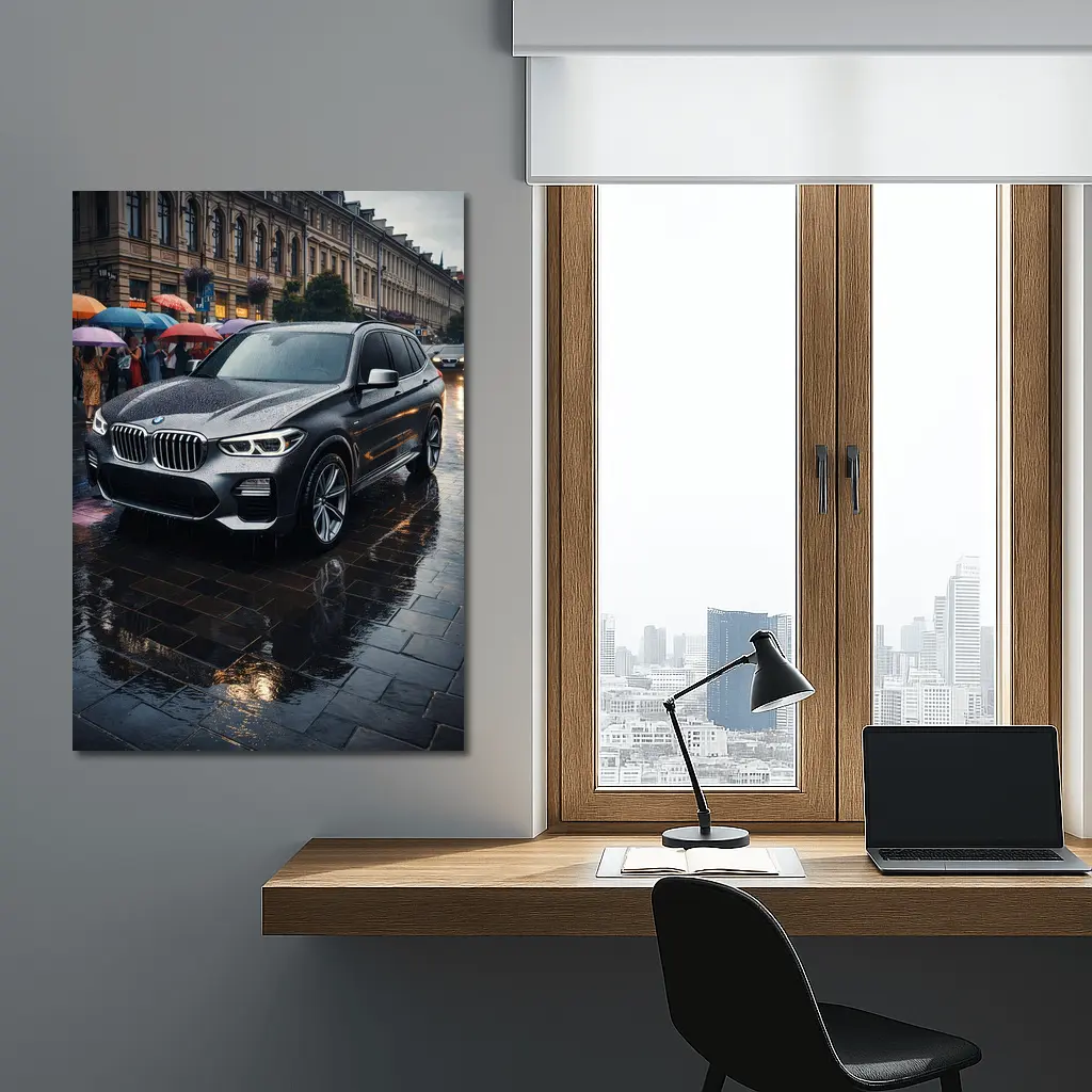 BMW X3 Parked on Rainy City Street – Wall Art