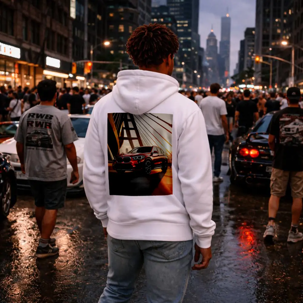 BMW X1 Red SUV on Sunset Bridge – Hoodies
