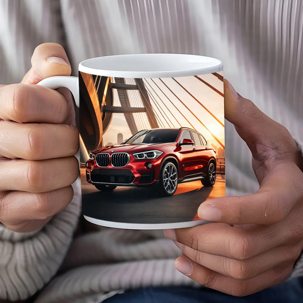 BMW X1 Red SUV on Sunset Bridge – Mugs