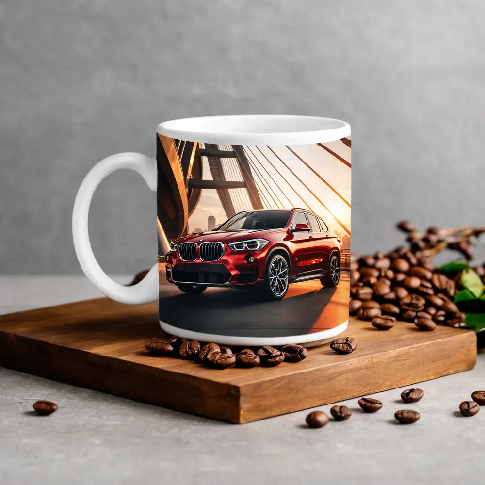 BMW X1 Red SUV on Sunset Bridge – Mugs