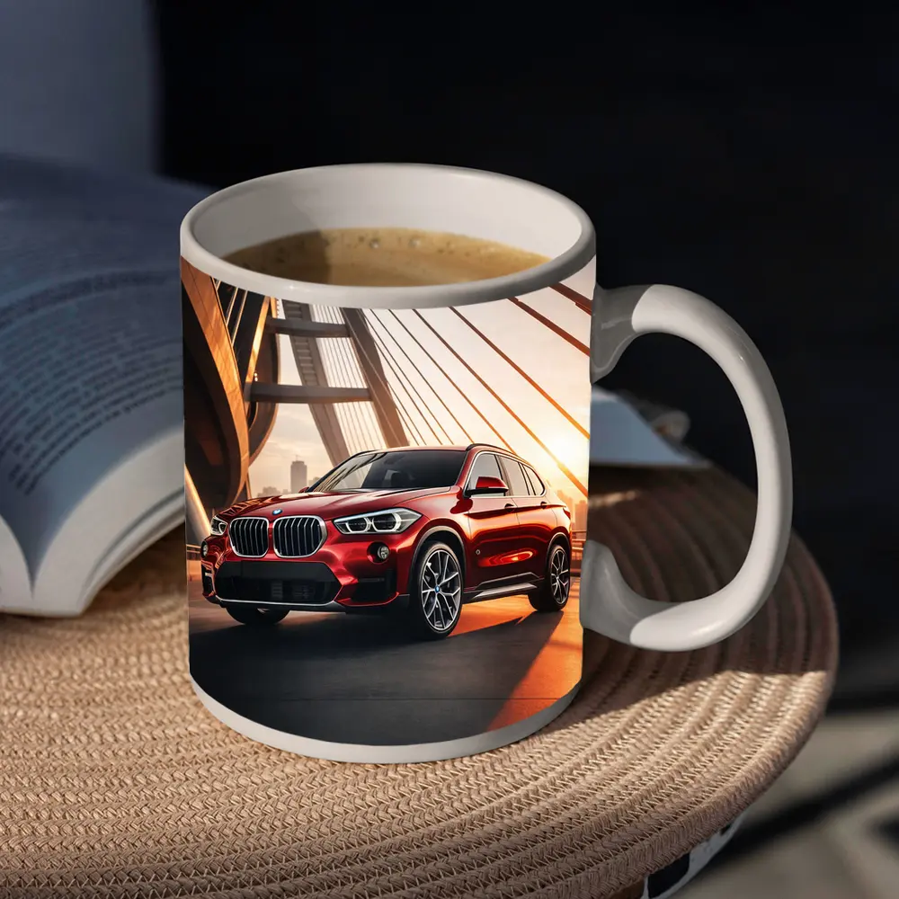 BMW X1 Red SUV on Sunset Bridge – Mugs