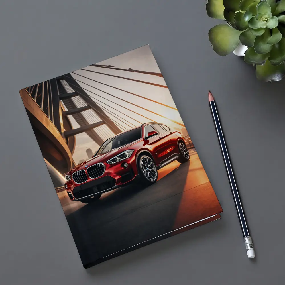 BMW X1 Red SUV on Sunset Bridge – Notebooks