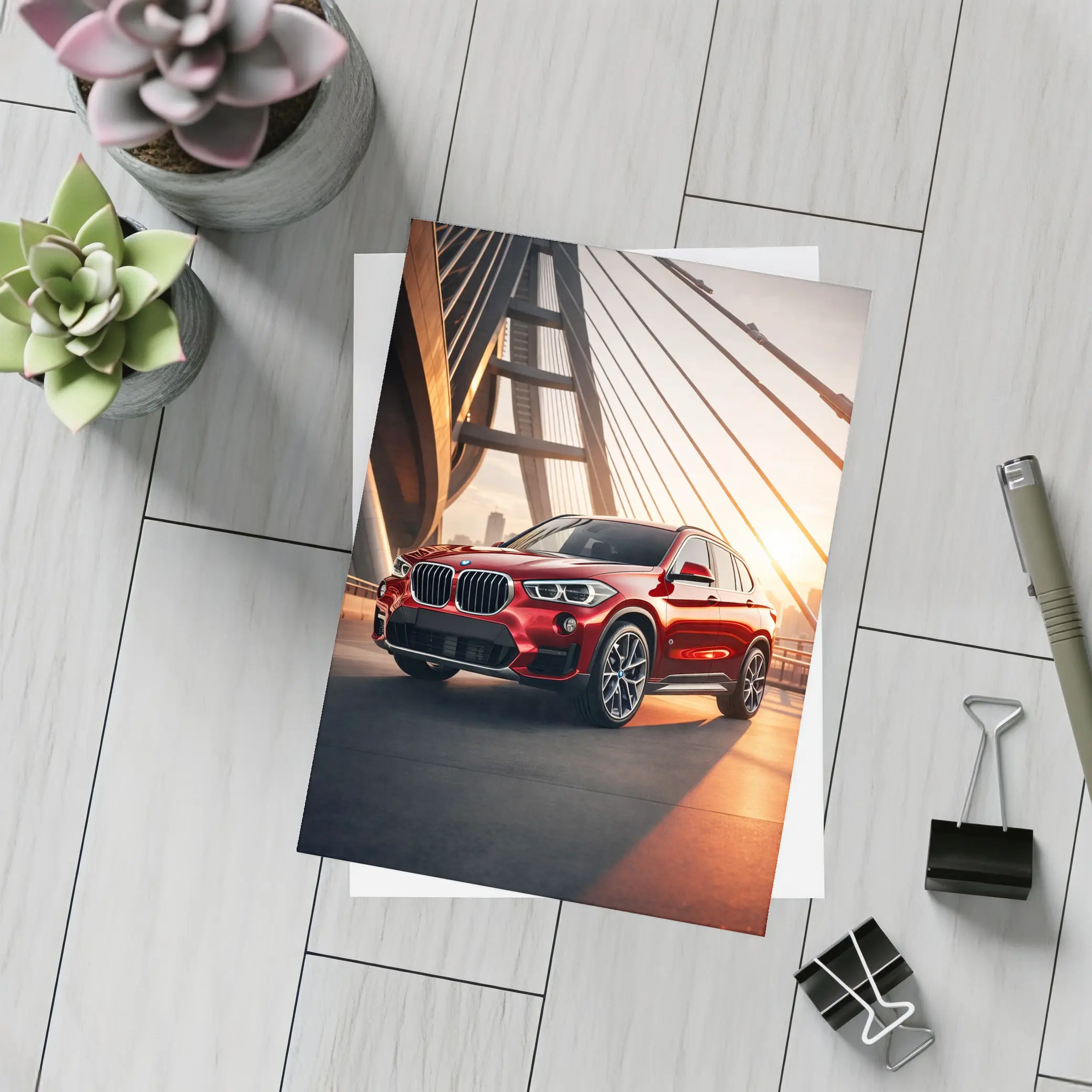 BMW X1 Red SUV on Sunset Bridge – Postcards