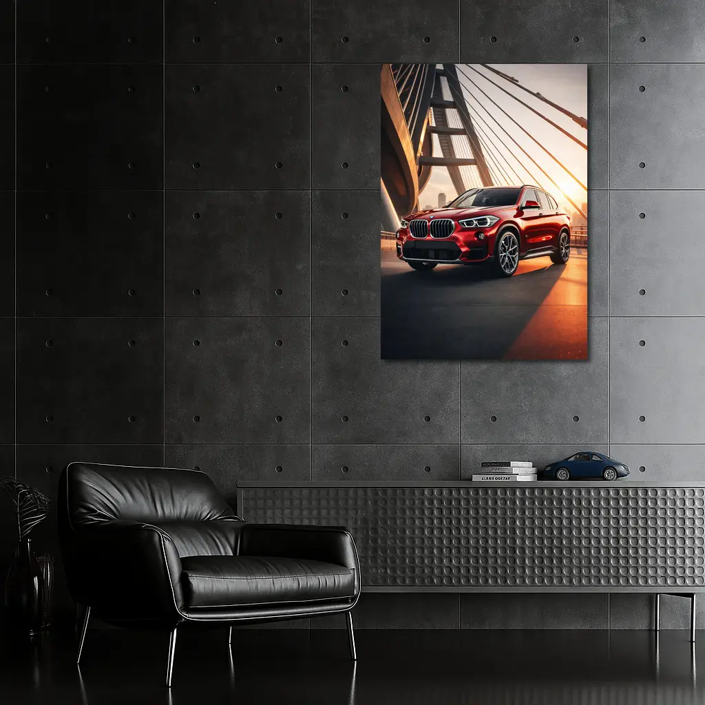 BMW X1 Red SUV on Sunset Bridge – Wall Art