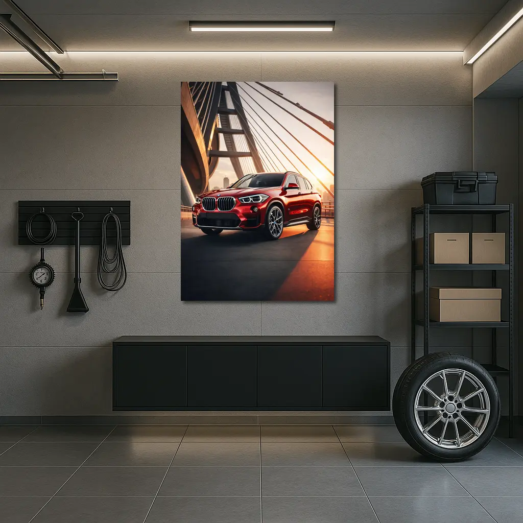 BMW X1 Red SUV on Sunset Bridge – Wall Art