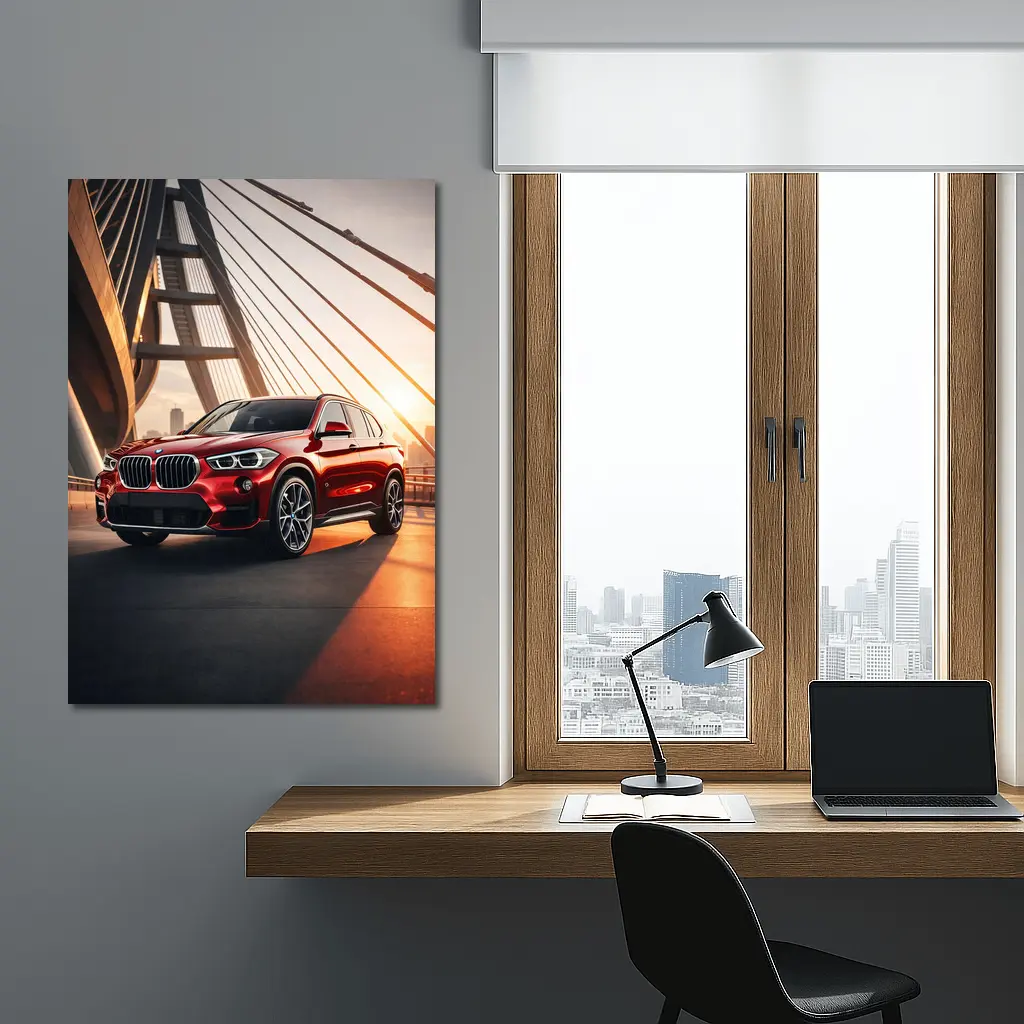 BMW X1 Red SUV on Sunset Bridge – Wall Art