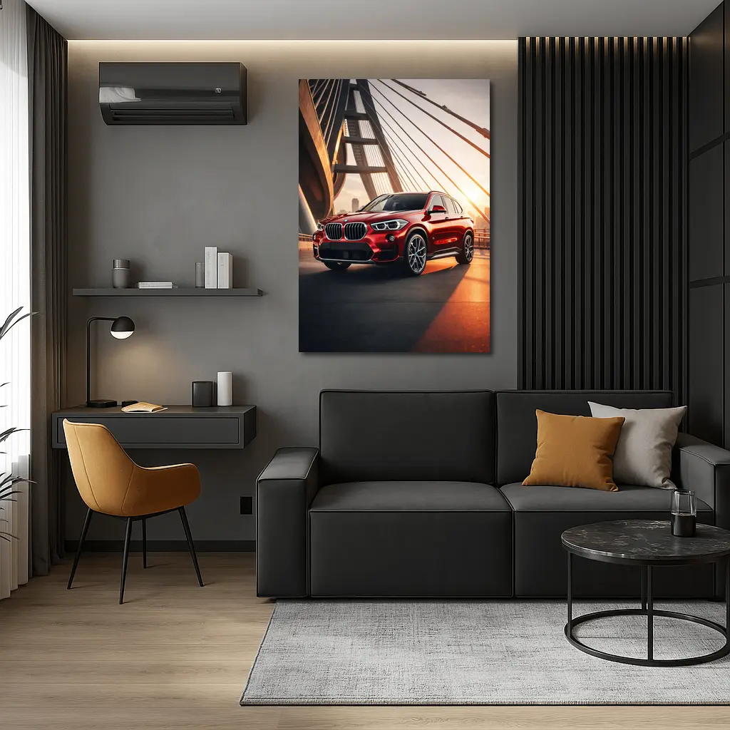 BMW X1 Red SUV on Sunset Bridge – Wall Art