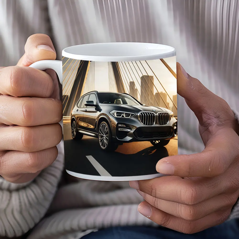 BMW X3 Dark SUV on City Bridge – Mugs