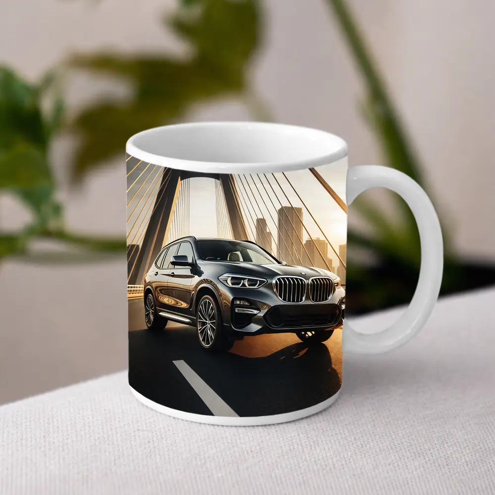 BMW X3 Dark SUV on City Bridge – Mugs