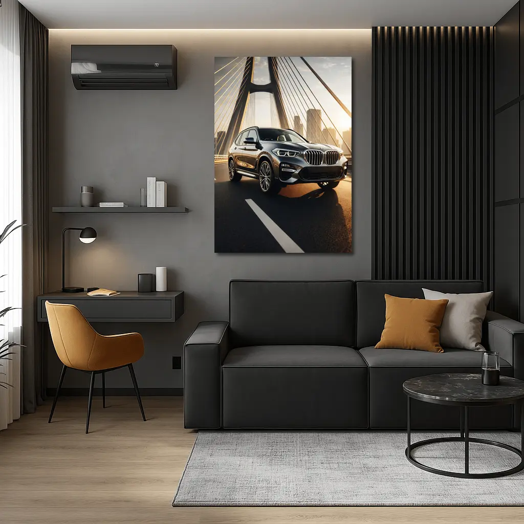 BMW X3 Dark SUV on City Bridge – Wall Art