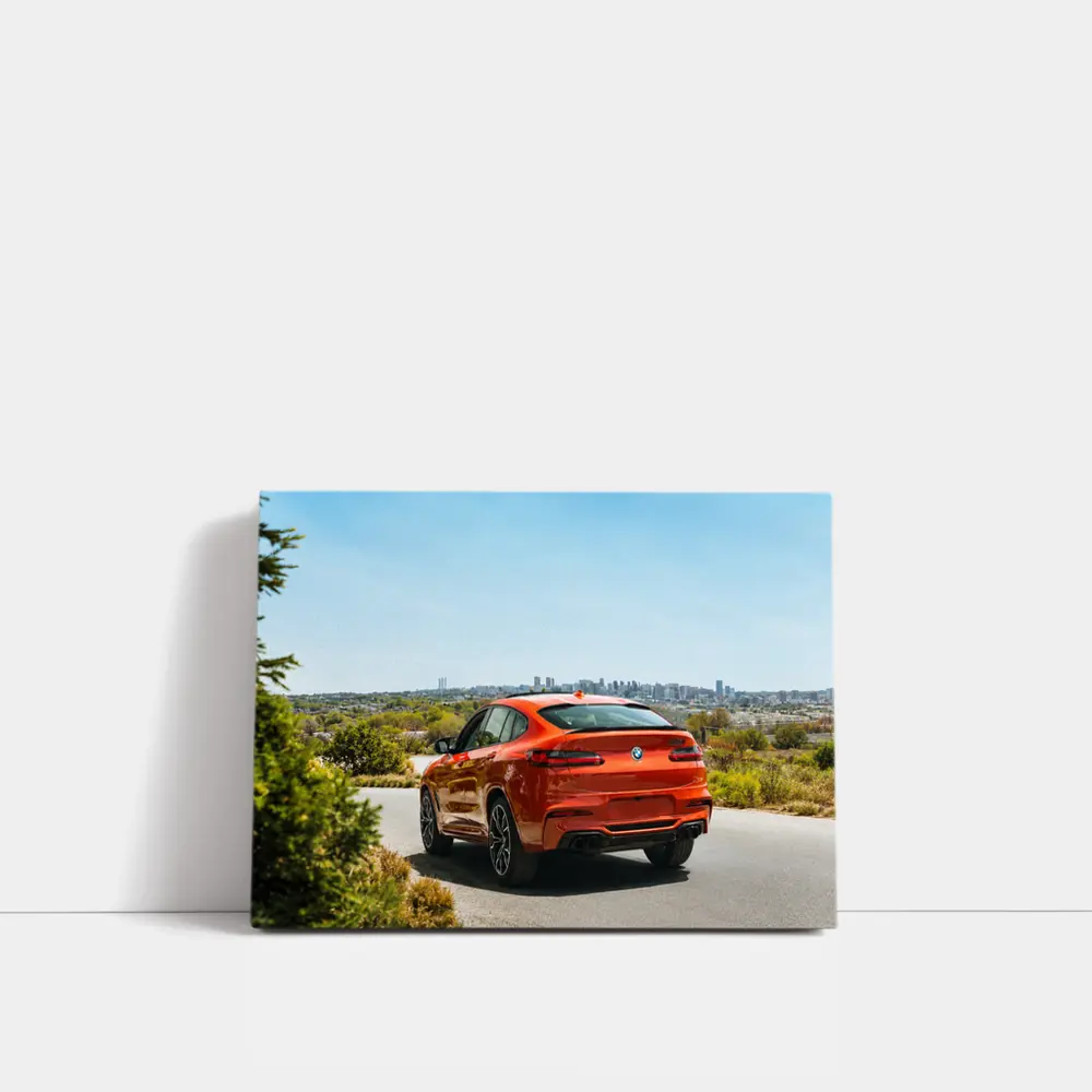 BMW X4 M Orange Rear City Skyline – Wall Art