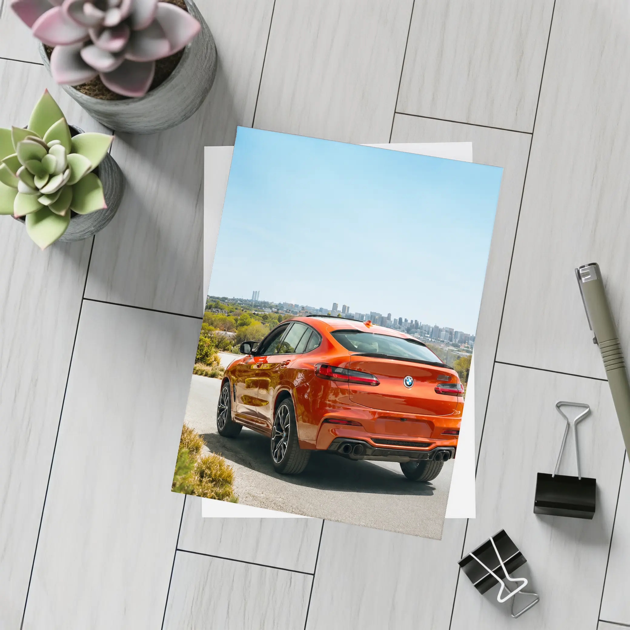 BMW X4 M Orange Rear City Skyline – Postcards